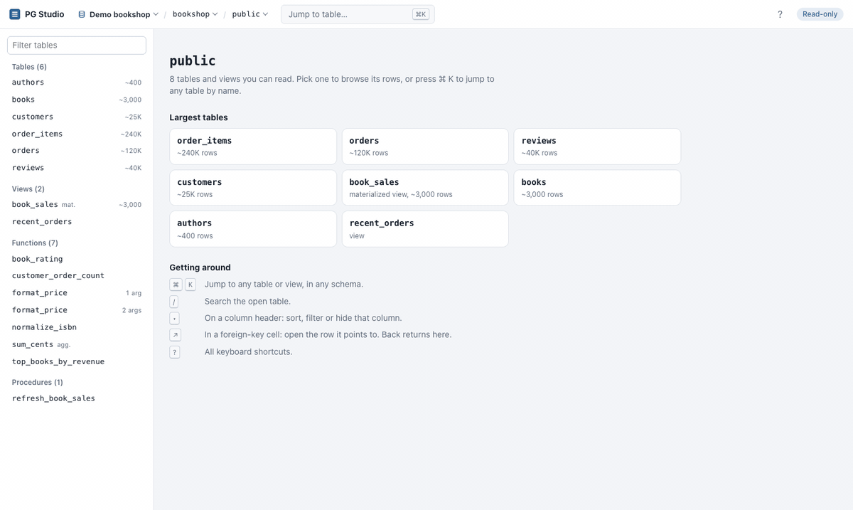 PG Studio demo: jump to a table with Cmd+K, build OR filters and preview their SQL, open a row in the side panel, read a function's source, switch to another database, dark mode