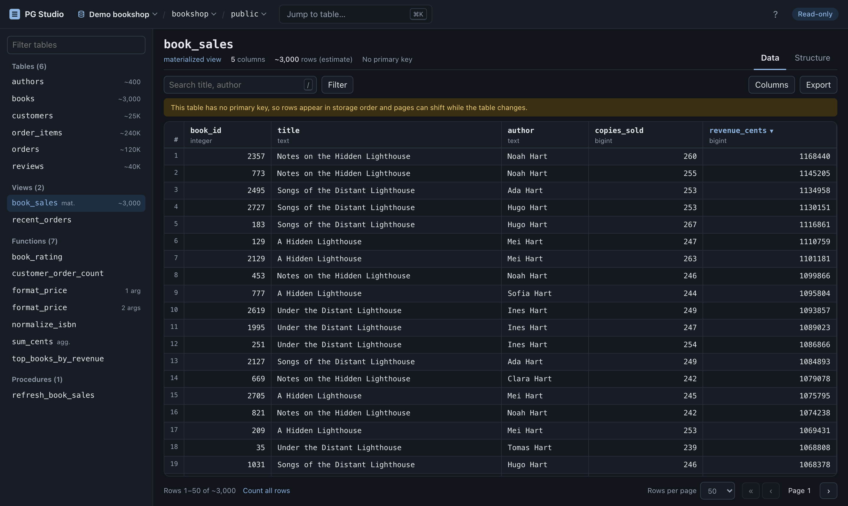 PG Studio in dark mode