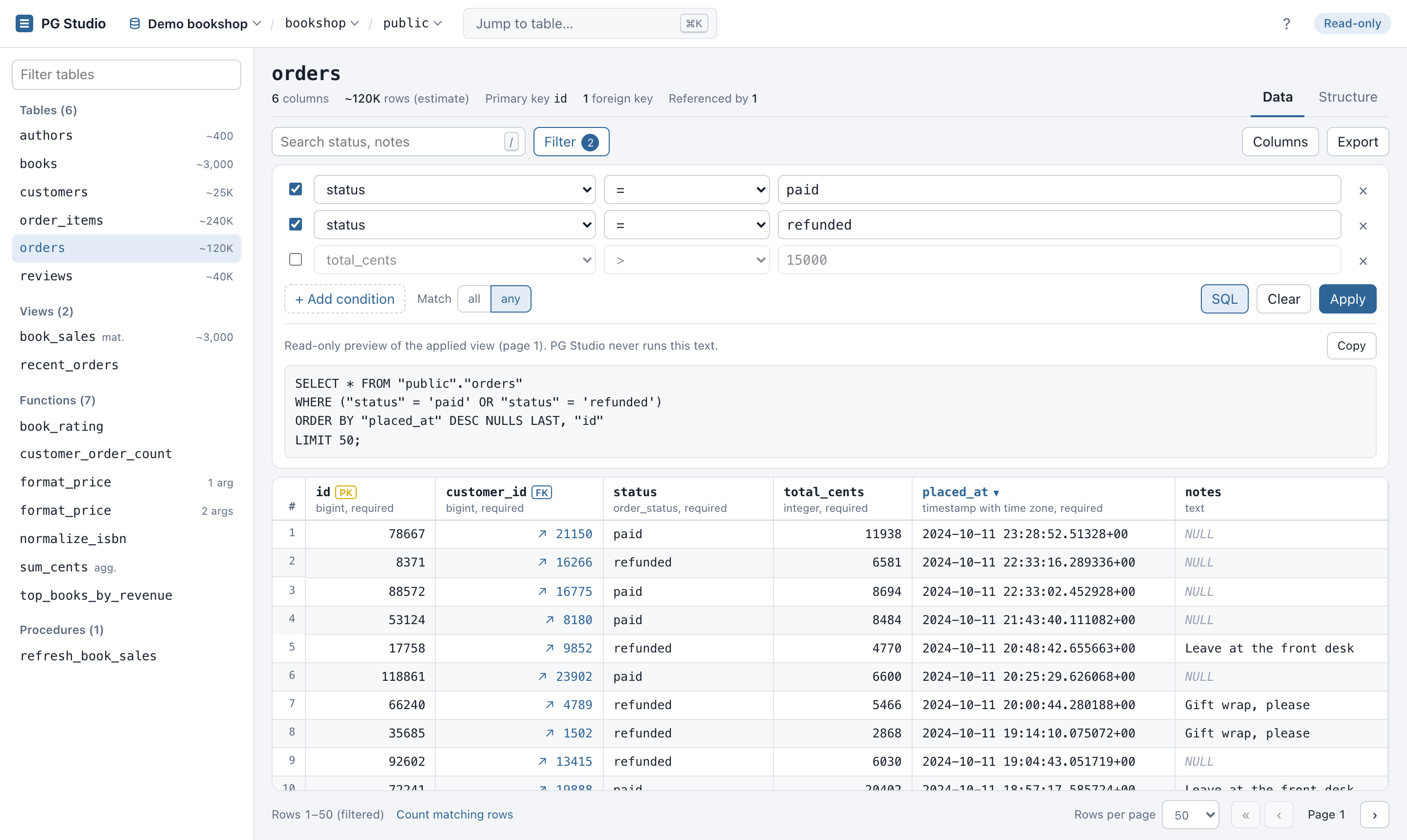 Filter panel with three conditions, match any, and the SQL preview