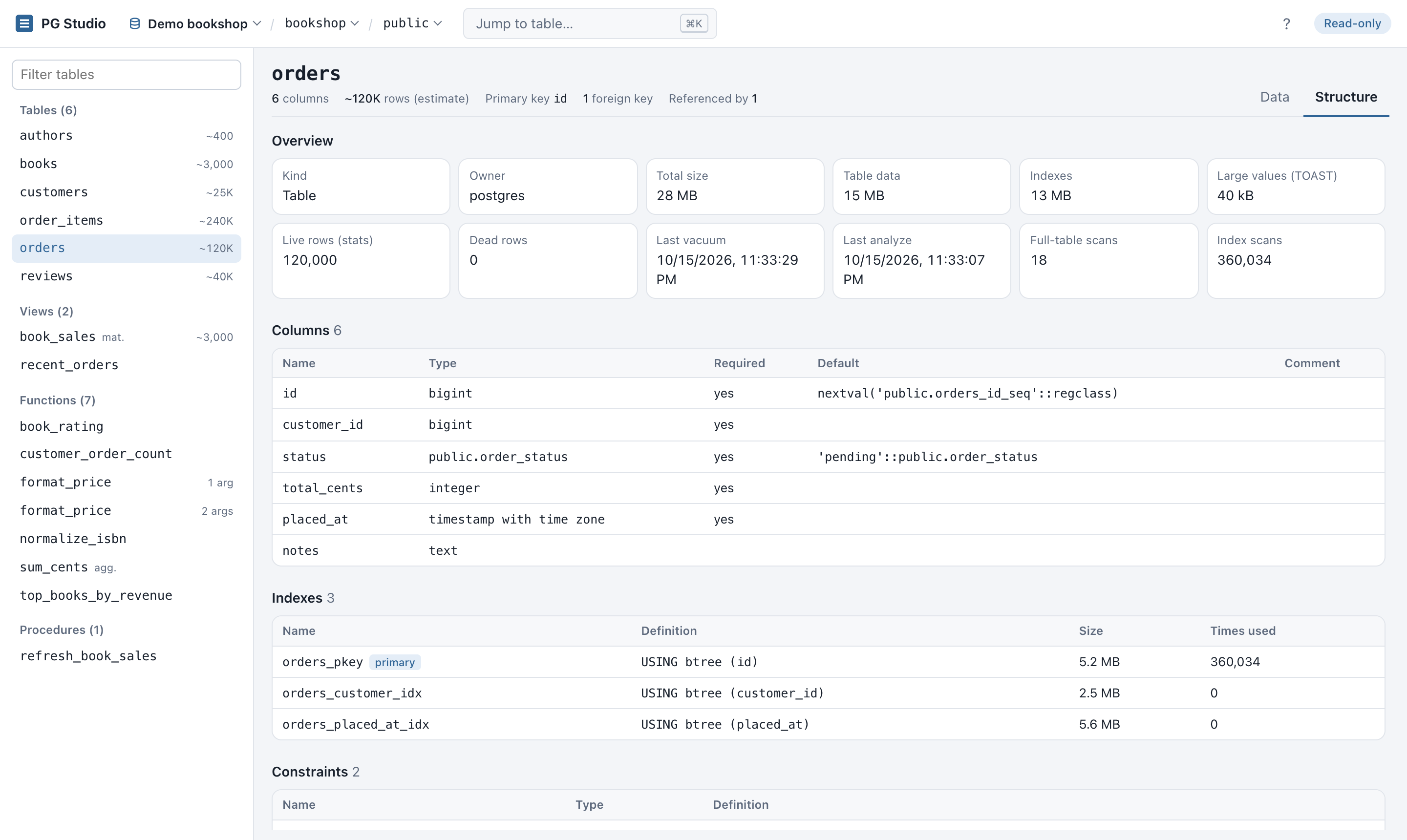 Structure tab with sizes, stats, columns and indexes
